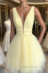 A Line V Neck Short Yellow Semi Formal Prom Dresses, Short V Neck Yellow Formal Homecoming Dresses